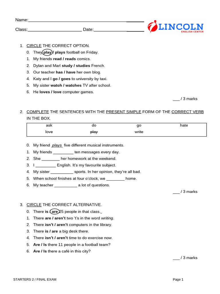 Present Simple Grammar Exam Worksheet | PDF | Syntax | Grammar