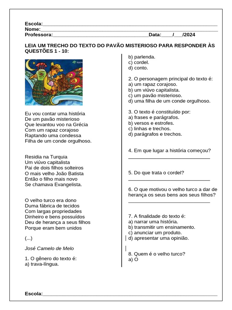 Atividades de Cordel para 3º Ano | PDF | Carreira e Crescimento | Artes ...