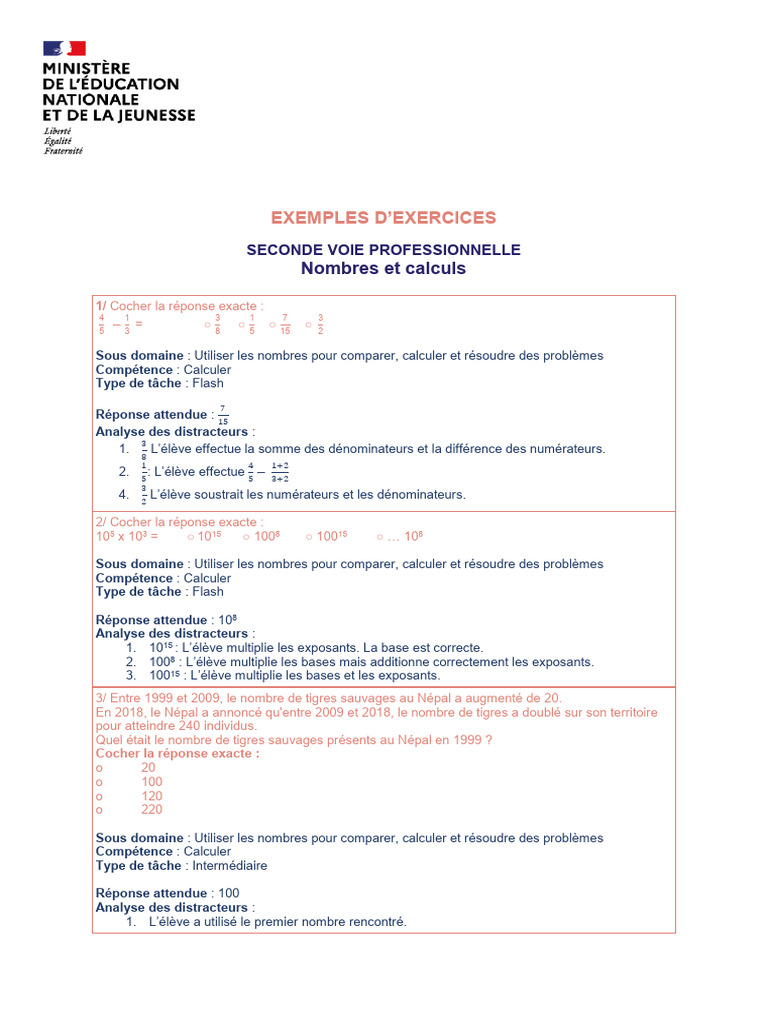 Exercices de calcul pour la seconde pro | PDF