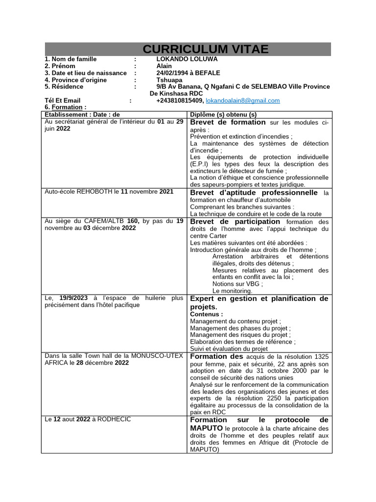 CV d'Alain Lokando Loluwa - Compétences et Formations | PDF