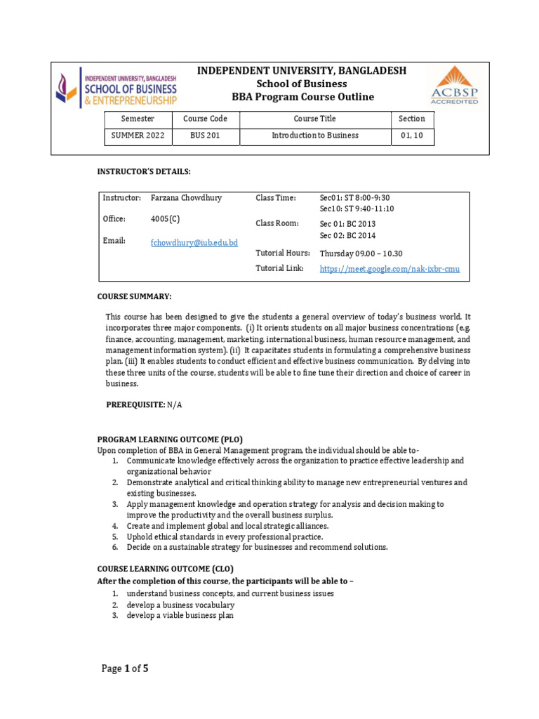 BBA Course Outline: Introduction to Business | PDF | Academic ...