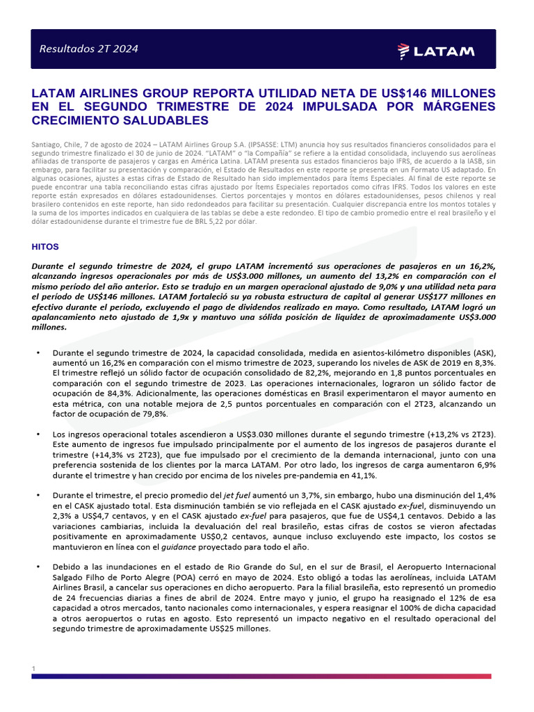 LATAM Airlines Reporta Utilidad de US$146M | PDF | Boeing
