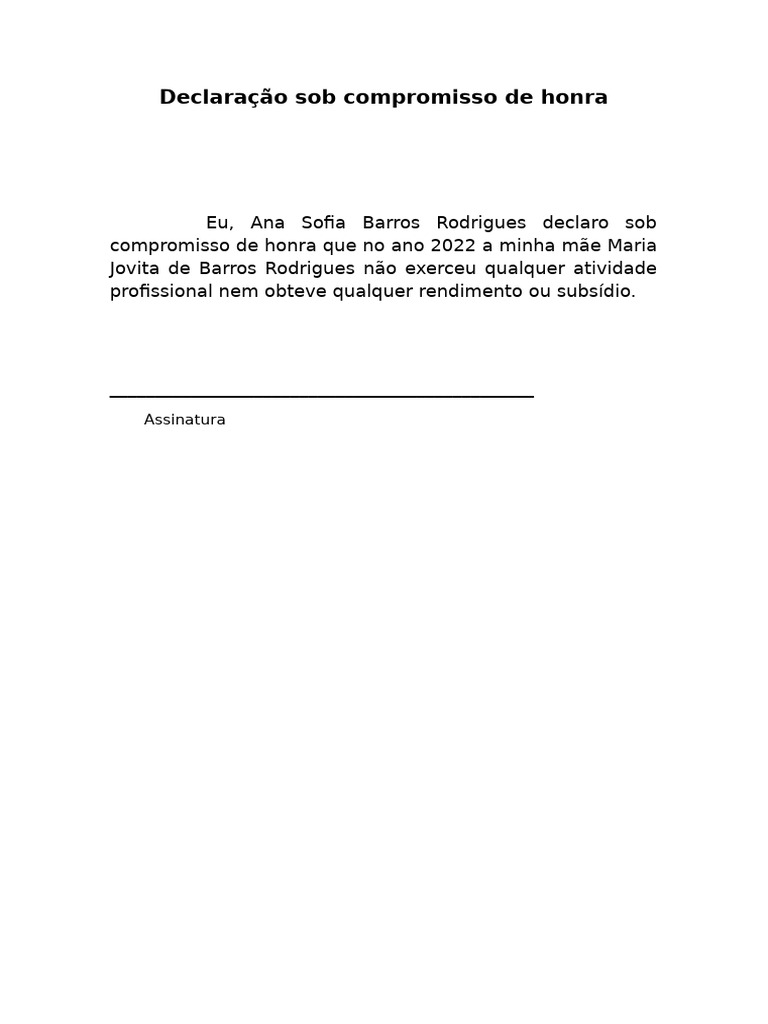 Declaração Sob Compromisso de Honra | PDF | Finanças e Administração de ...