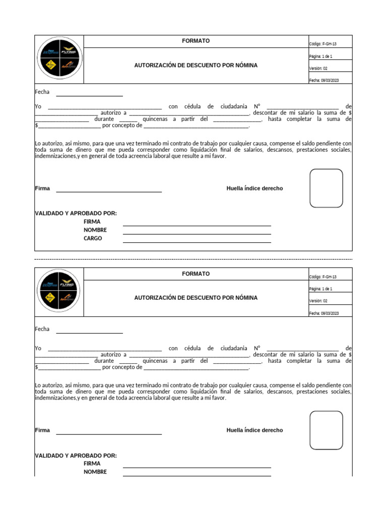 Autorización Descuento Nómina Formato F-GH-13 | PDF | Labor | Business