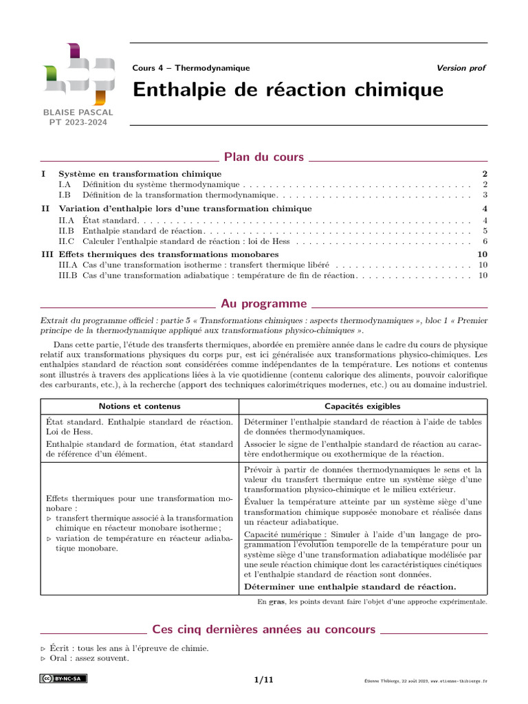 Enthalpie de Réaction Chimique | PDF | Enthalpie | Réactions chimiques