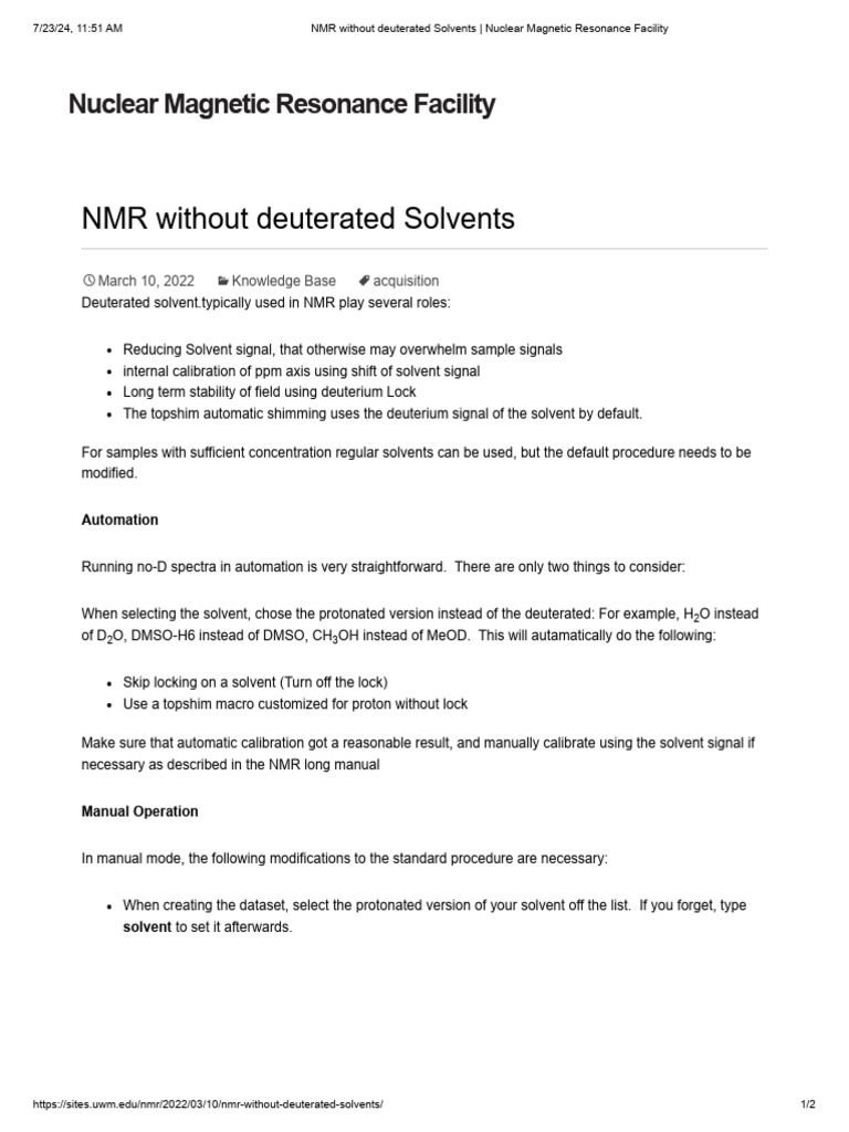 NMR Tips: Non-Deuterated Solvents | PDF | Nuclear Magnetic Resonance ...