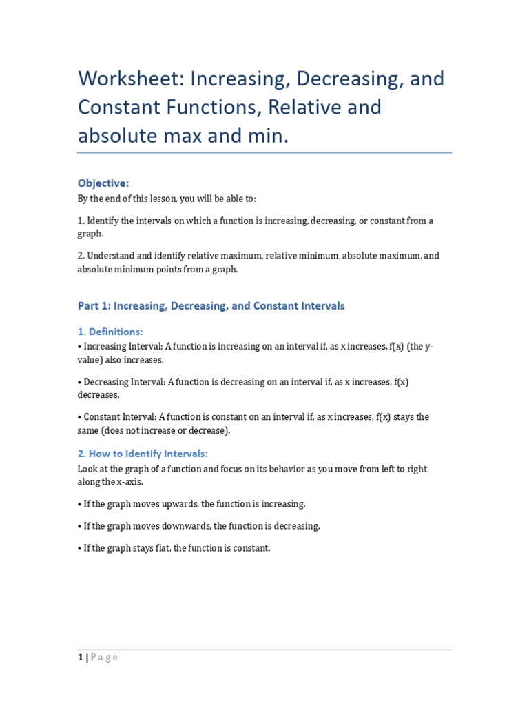 Increasing Decreasing Functions Worksheet | PDF | Function (Mathematics ...