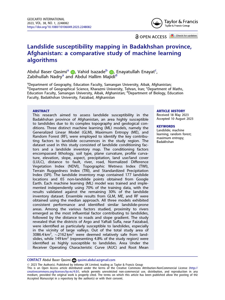 Landslide Susceptibility Mapping in Badakhshan Pro | PDF | Machine ...