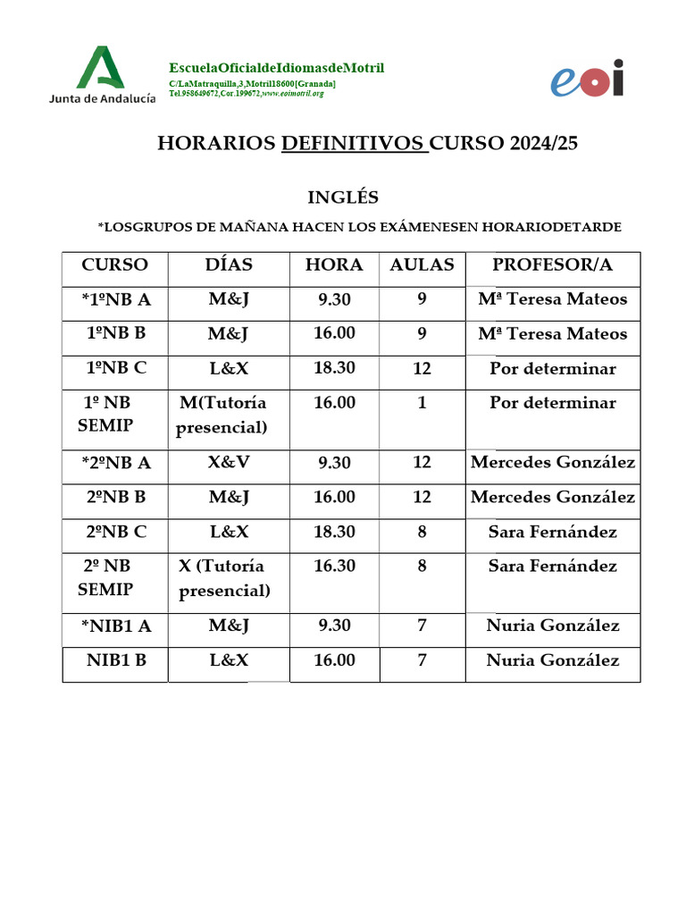Horarios Escuela Idiomas Motril 2024/25 | PDF