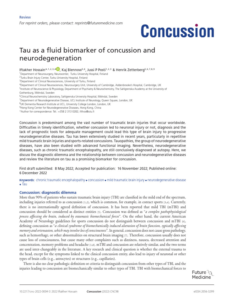 Tau Biomarker in Concussion and Neurodegeneration | PDF | Chronic ...
