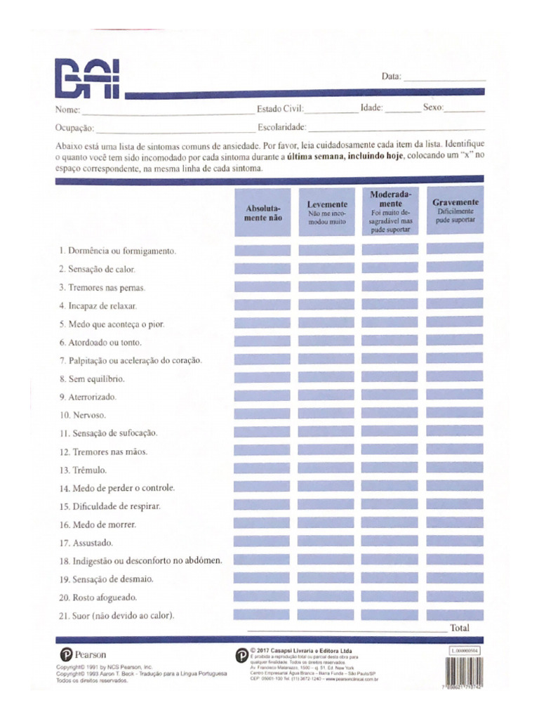 Escala Beck BAI - Protocolo | PDF