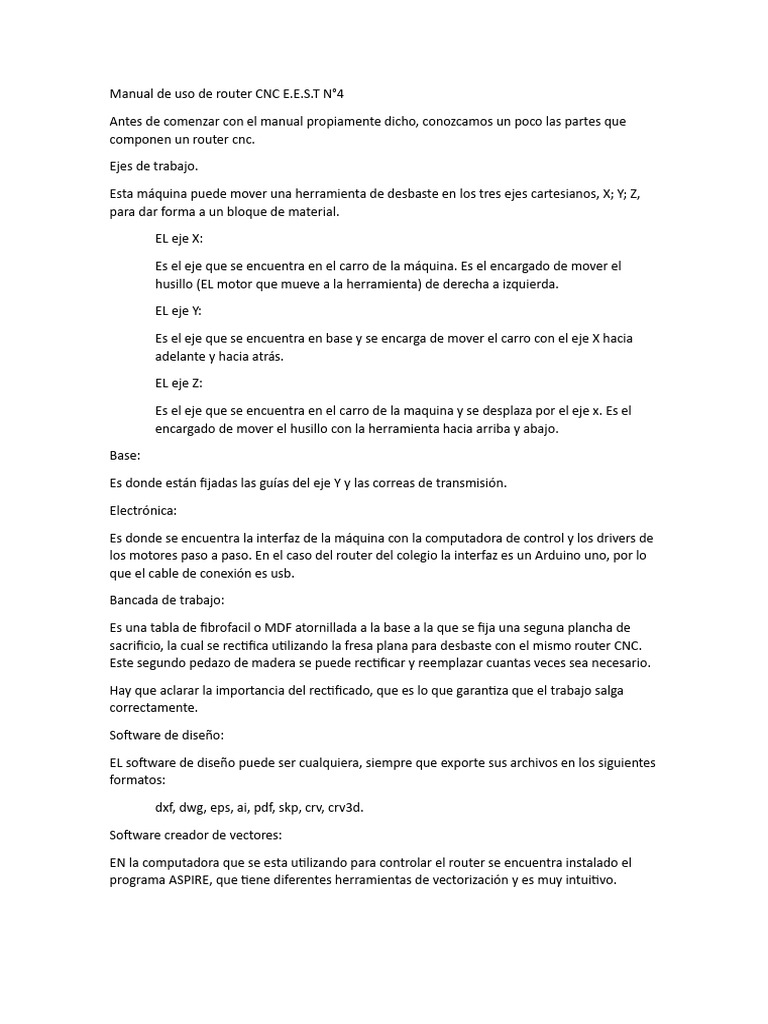 Manual de uso del router CNC E.E.S.T N°4 | PDF | Control numerico | Eje