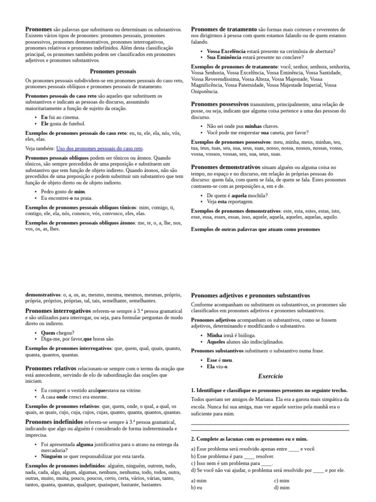 Tipos e Exemplos de Pronomes em Português | PDF | Pronome | Sintaxe