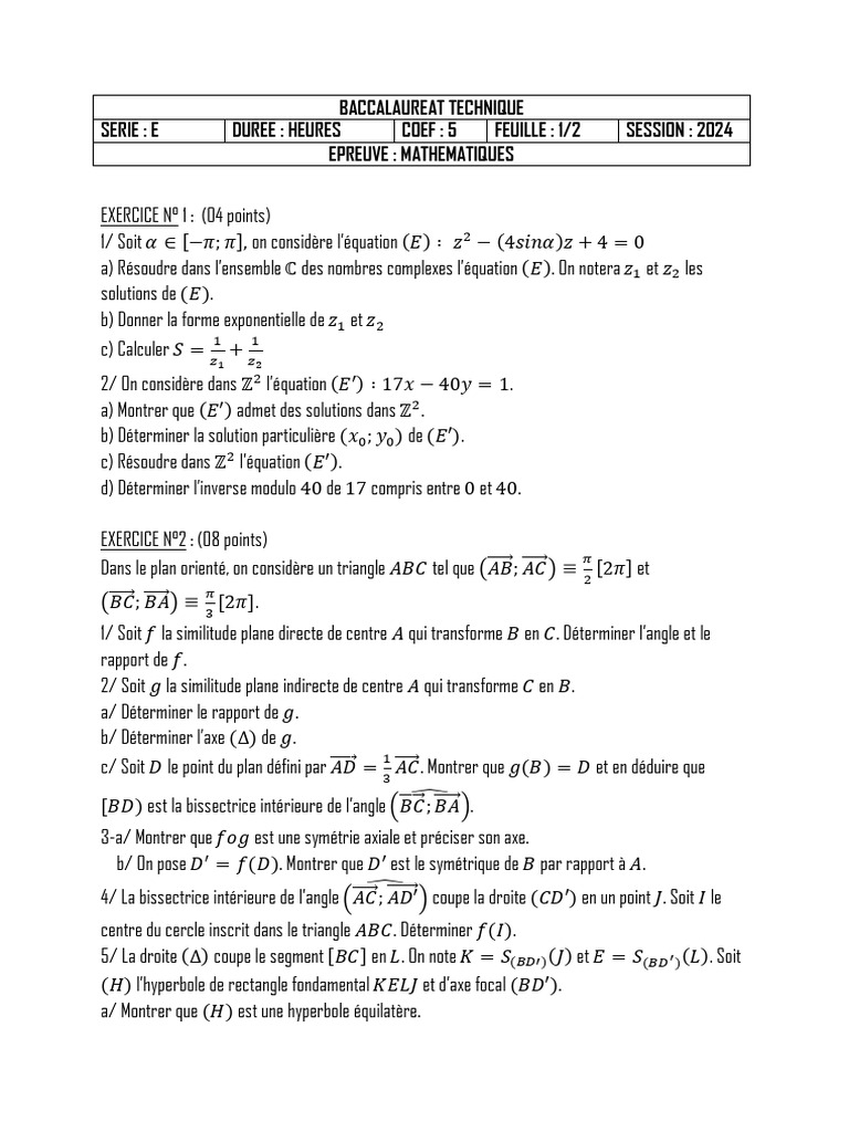 Bac Technique E Maths 2024: Exercices | PDF | Triangle | Mathématiques