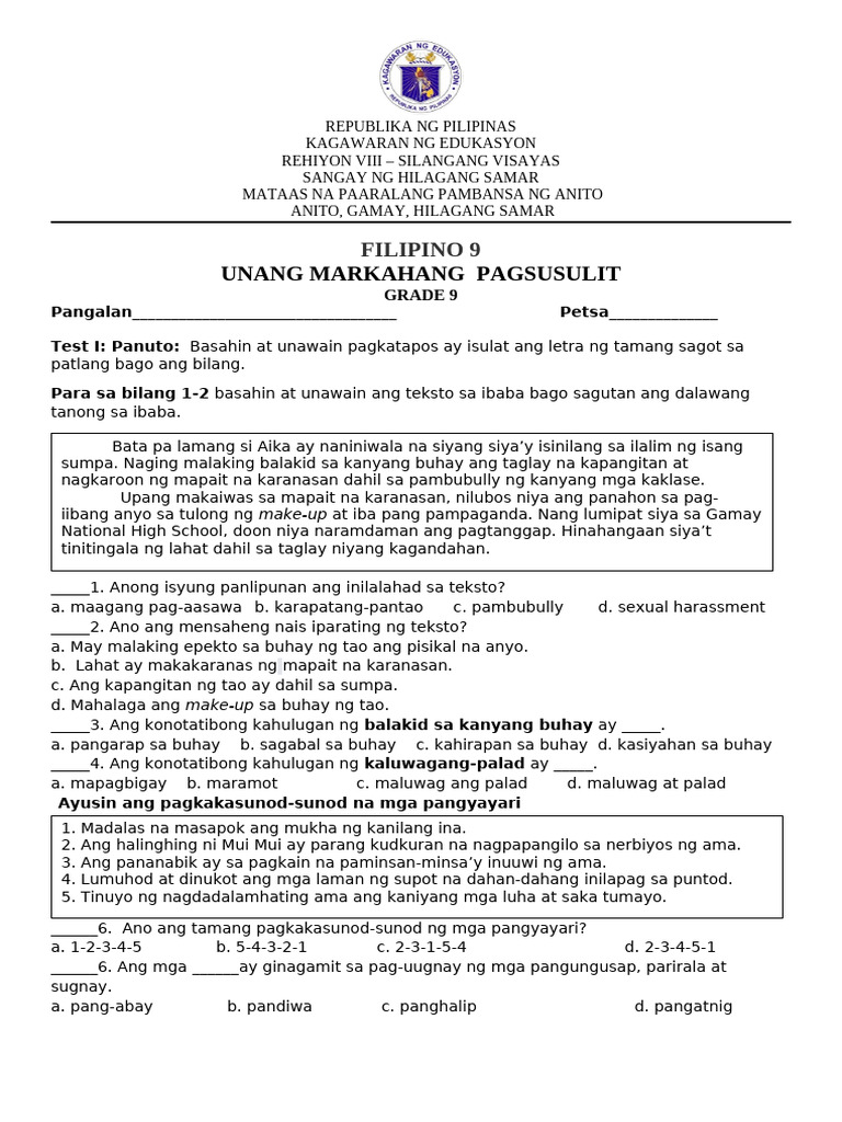 Q1 FIL 9 Exam | PDF