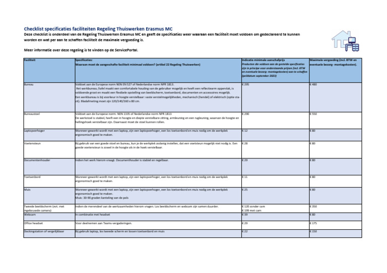 Thuiswerken, Checklist Specificaties Faciliteiten (Versie 4) | PDF