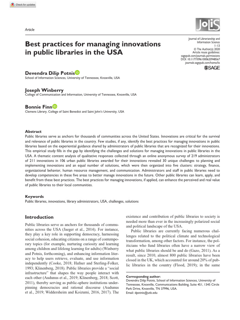 Best Practices For Managing Innovations in Public Libraries in The USA ...