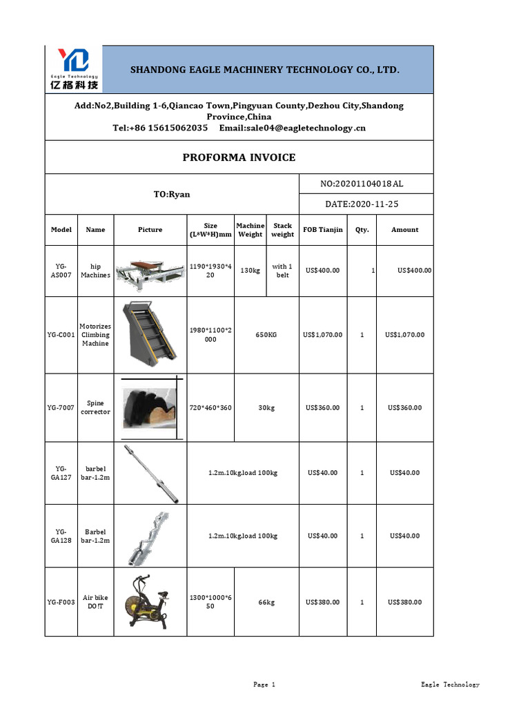 Proforma Invoice for Eagle Machinery Equipment | PDF | Weight Training