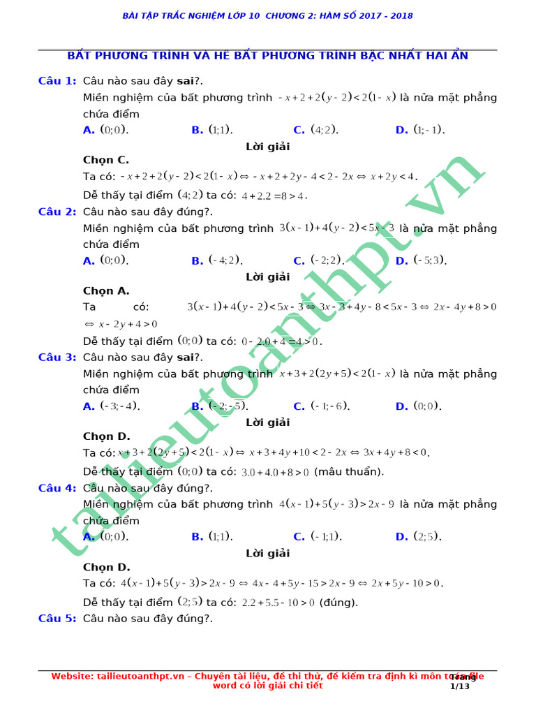 50 Câu Trắc Nghiệm BPT, HBPT Bậc Nhất Hai Ẩn File Word Có Lời Giải Chi ...