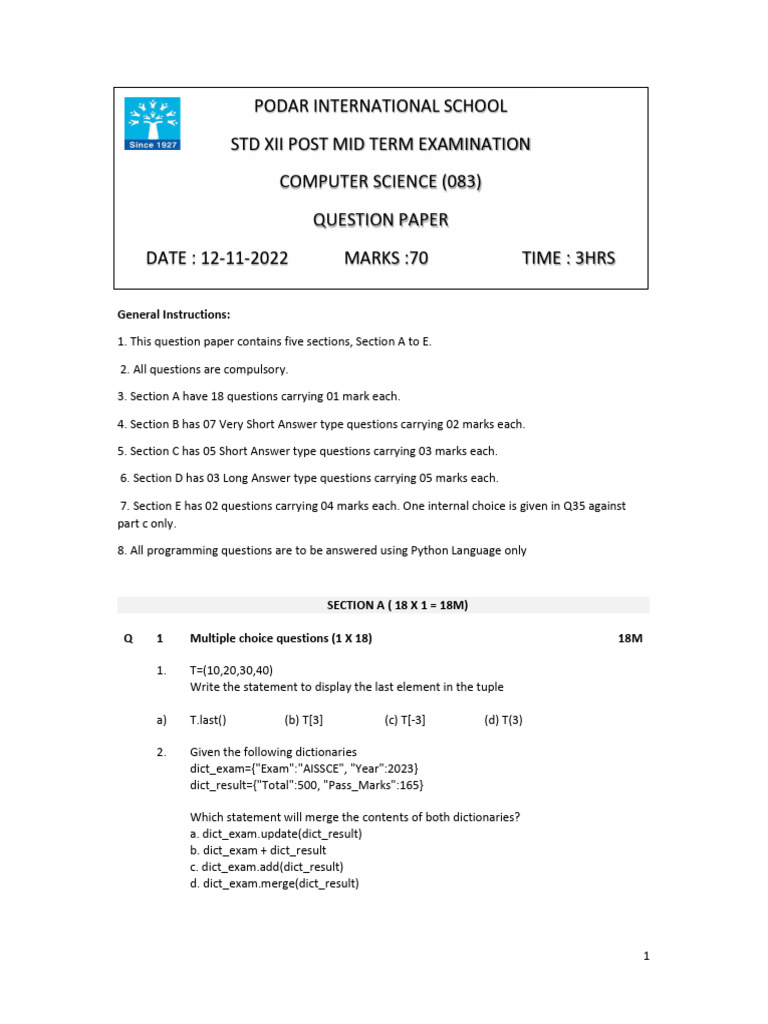 Python Programming Exam Paper | PDF | Parameter (Computer Programming ...