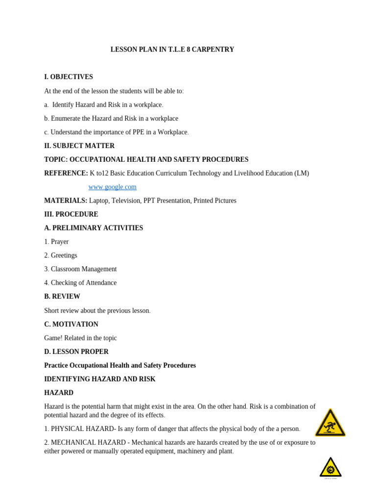 DLL FOR CARPENTRY COT | PDF | Hazards | Occupational Safety And Health