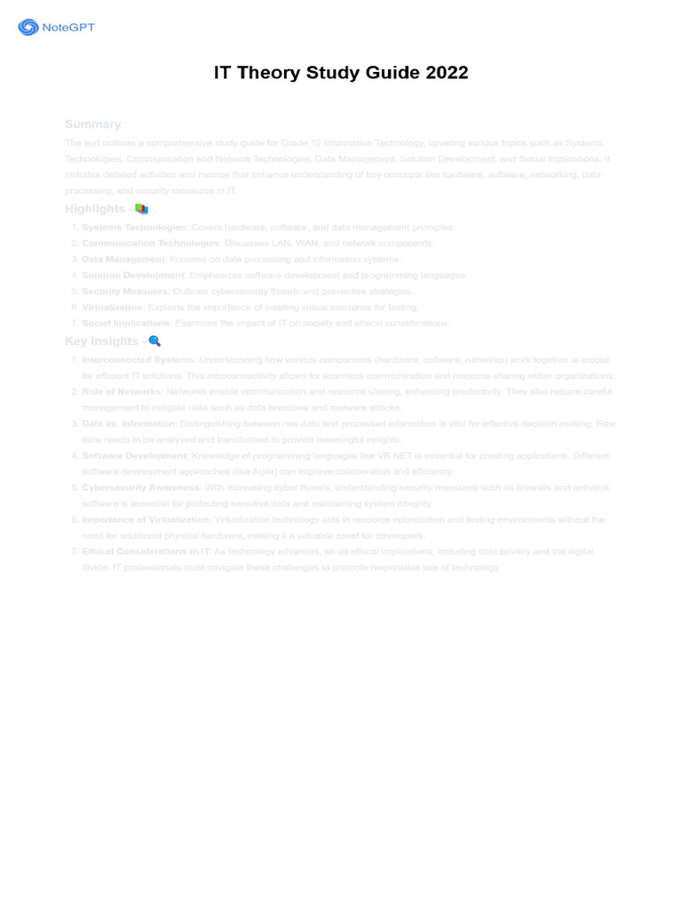Notegpt Summary It Theory Study Guide 2022 Pdf