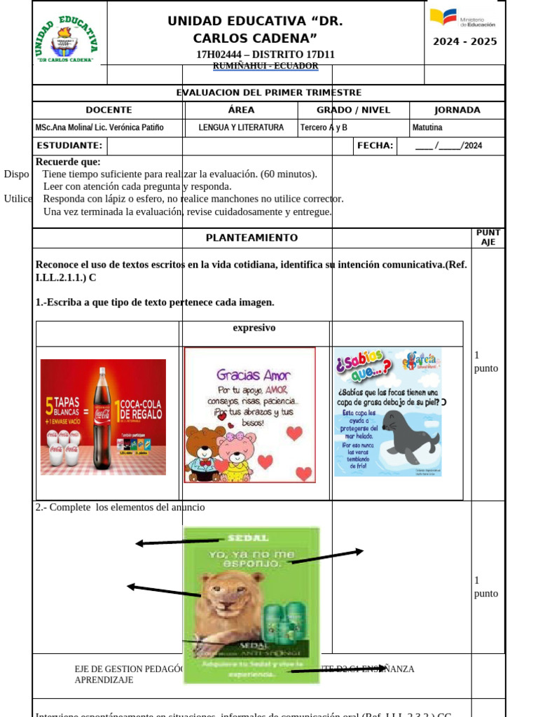 Evaluación Primer Trimestre 2024-2025 | PDF | Aprendizaje | Cognición