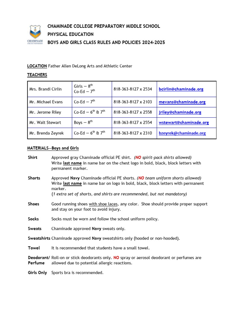 Chaminade Middle School PE Rules 2024-2025 | PDF | Physical Education ...