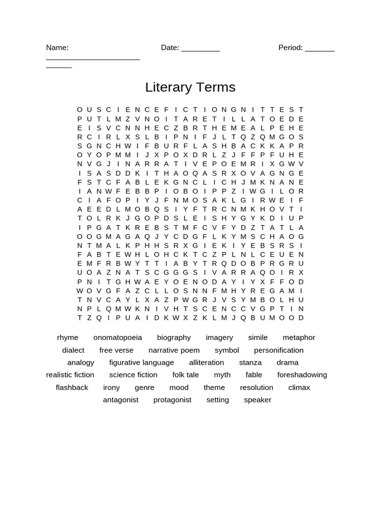 Literary Terms Word Search Answer Key PDF Poetry