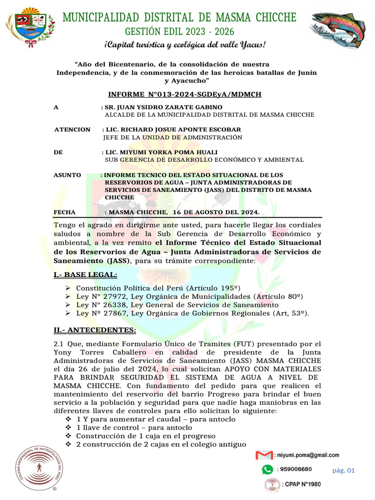 Informe sobre Reservorios de Agua en Masma Chicche | PDF | Saneamiento ...
