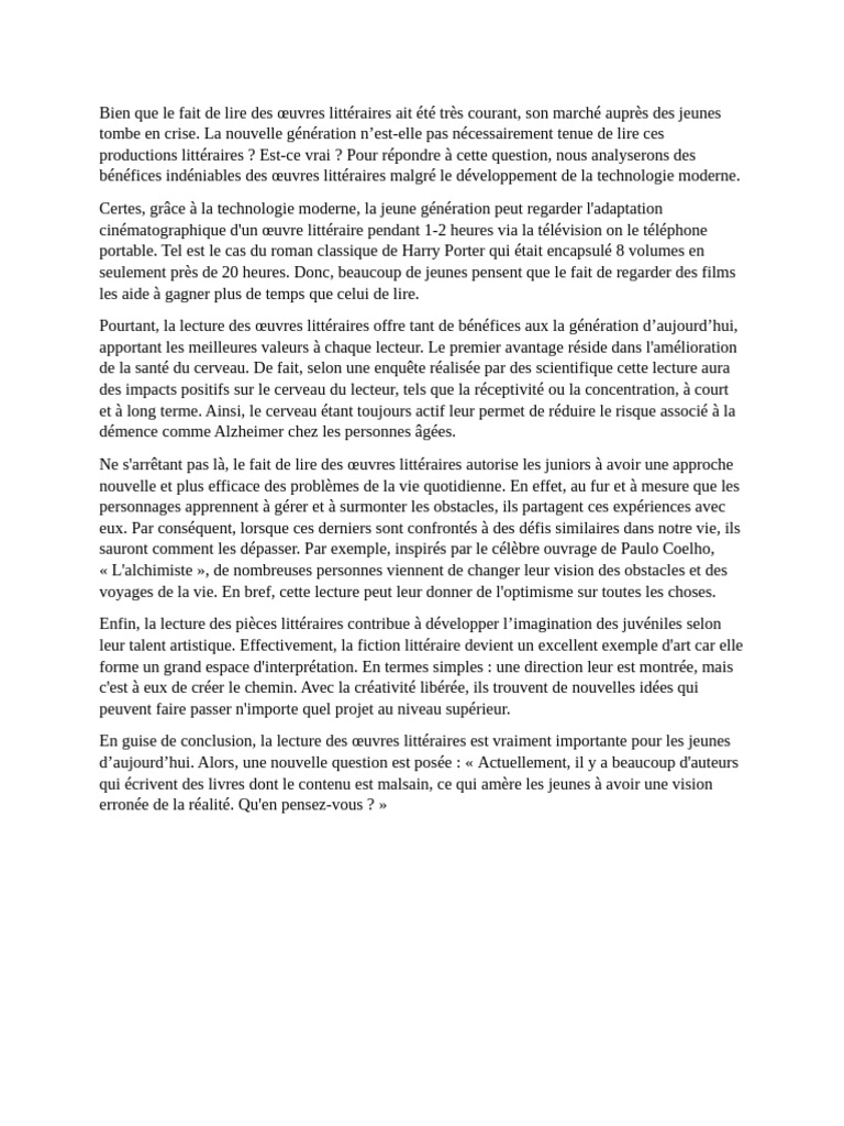 La Lecture Des Œuvres Littéraires N'est Plus Importante Pour Les Jeunes ...