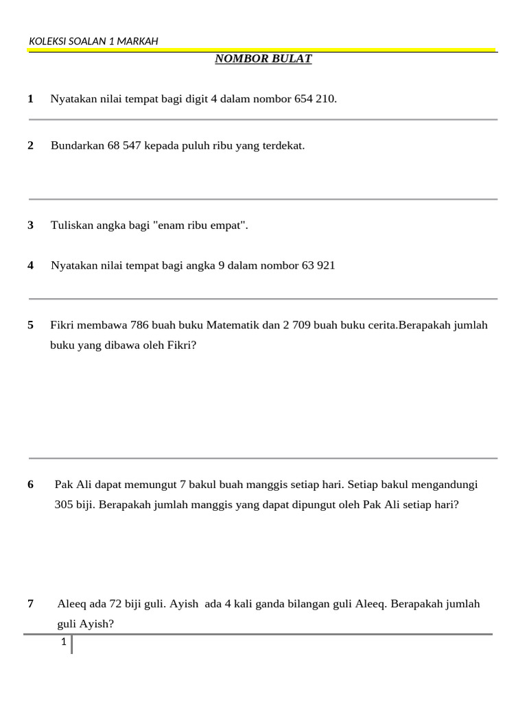1 Markah - 1. Nombor Bulat | PDF