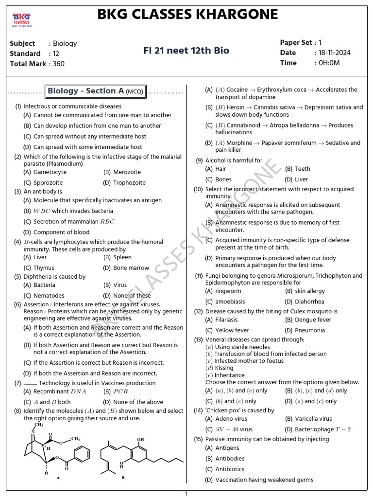 Class 12 Biology NEET MCQ Paper | PDF | Immune System | Lymphocyte