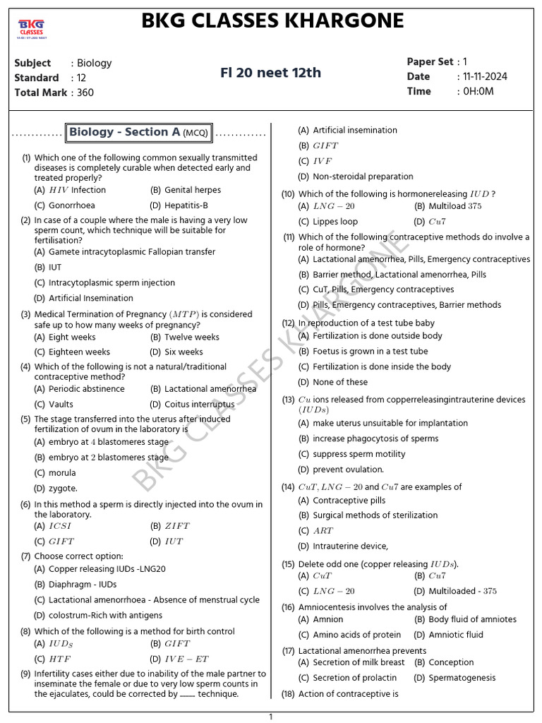 Class 12 Biology NEET MCQ Test | PDF | Birth Control | Fertilisation