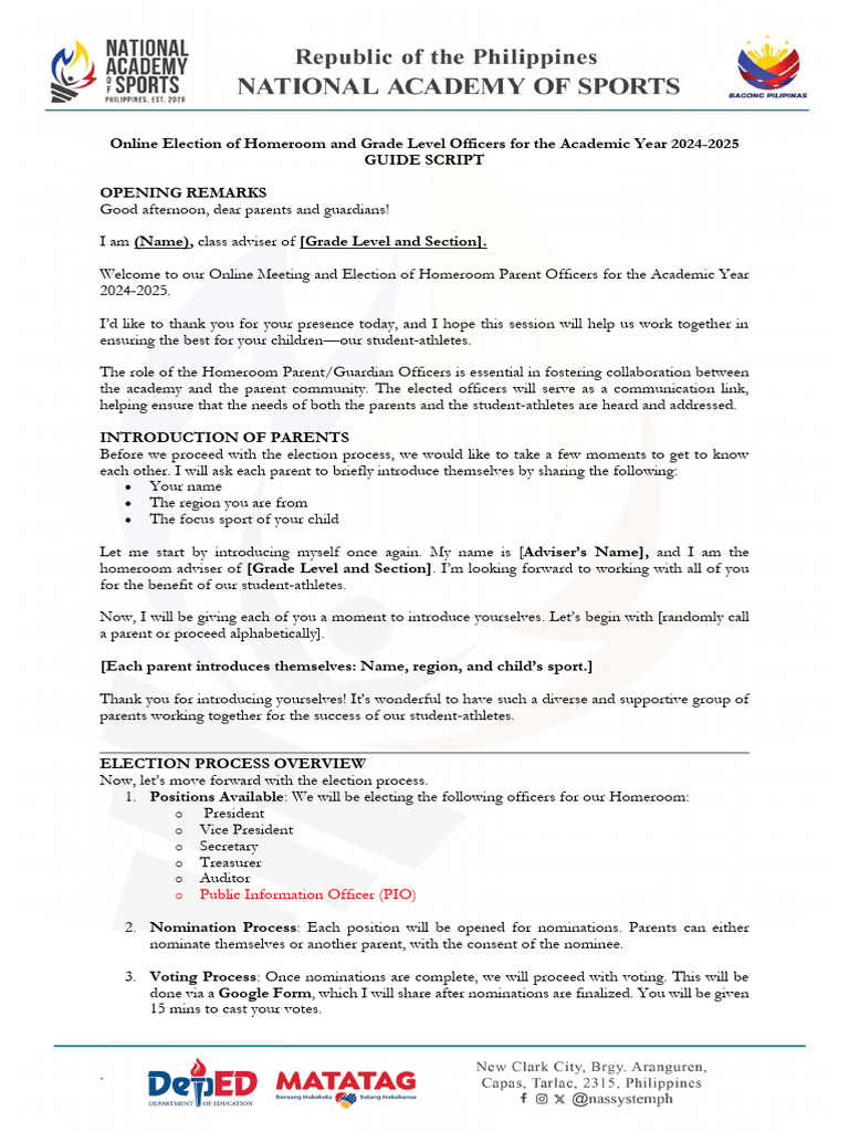 Online Election Script for Homeroom Officers | PDF