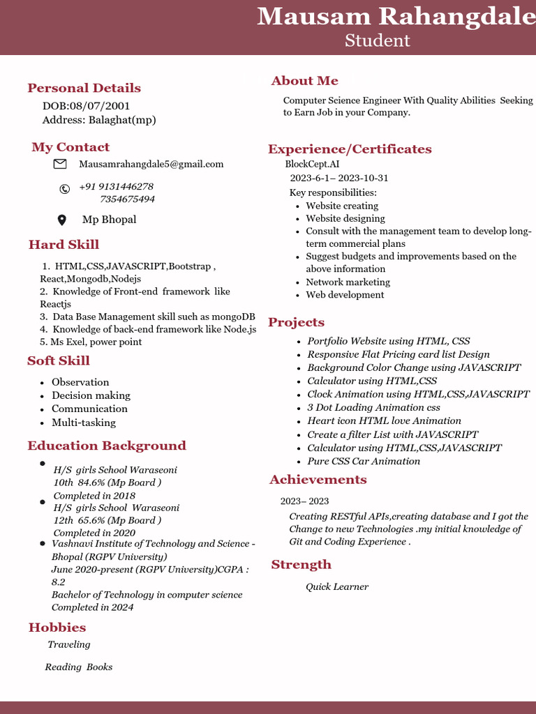 Computer Science Engineer Resume | PDF | Java Script | Computing