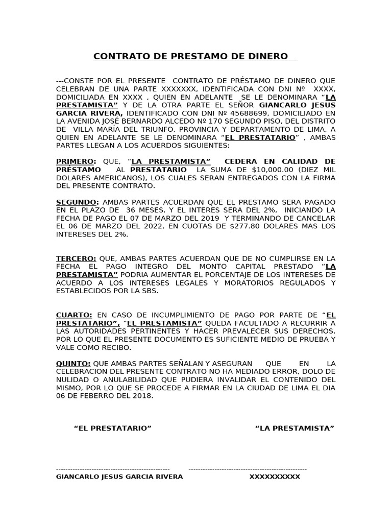Contrato de Prestamo de Dienro | PDF | Finanzas y dinero | Ciencias ...