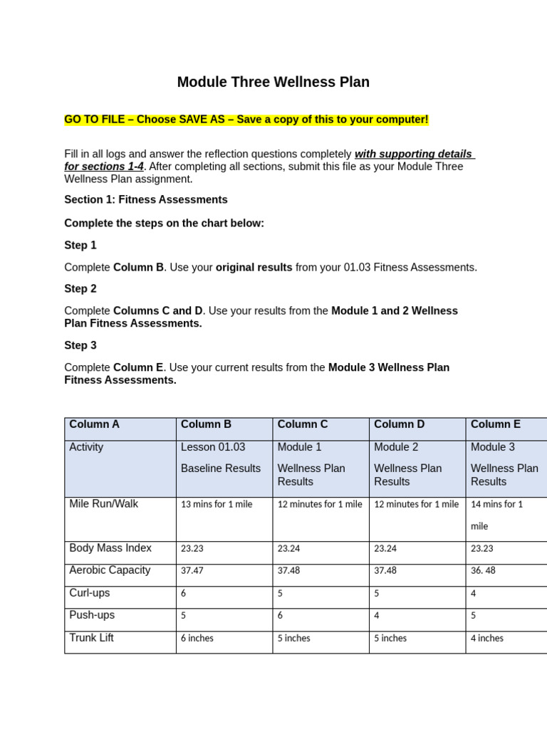 Module three wellness plan pdf strength training physical exercise