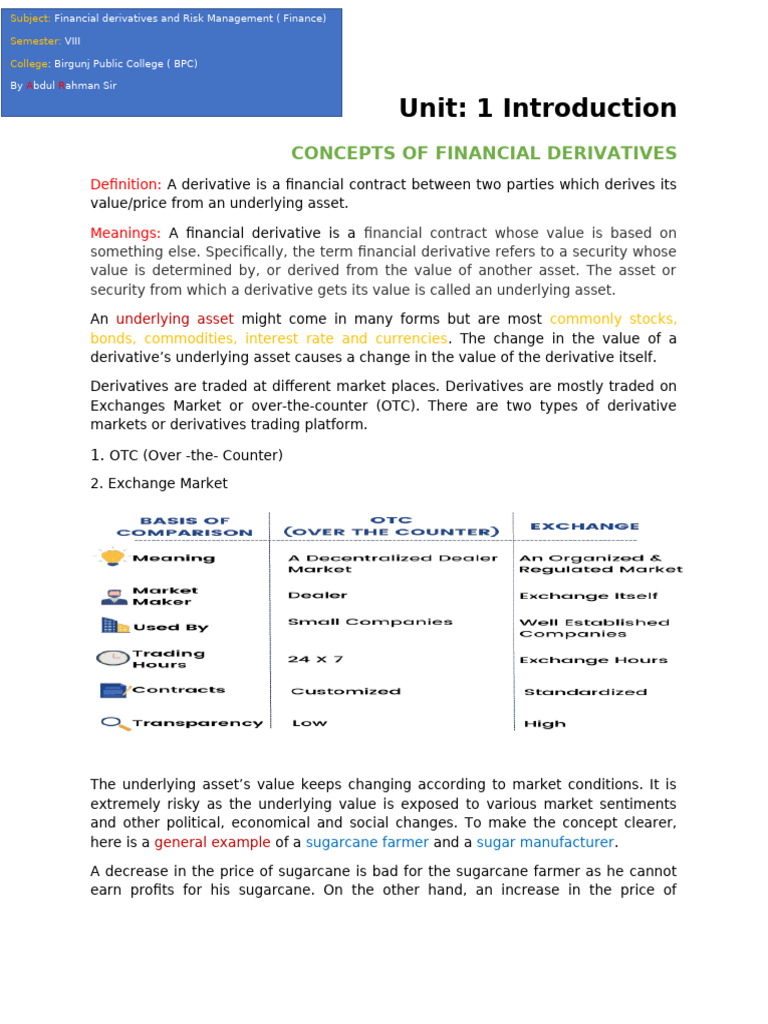 Derivatives Class Note | PDF | Derivative (Finance) | Speculation