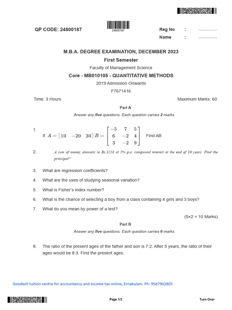 MBA 1st Sem Quantitative Methods Exam 2023 | PDF | Statistical Analysis ...
