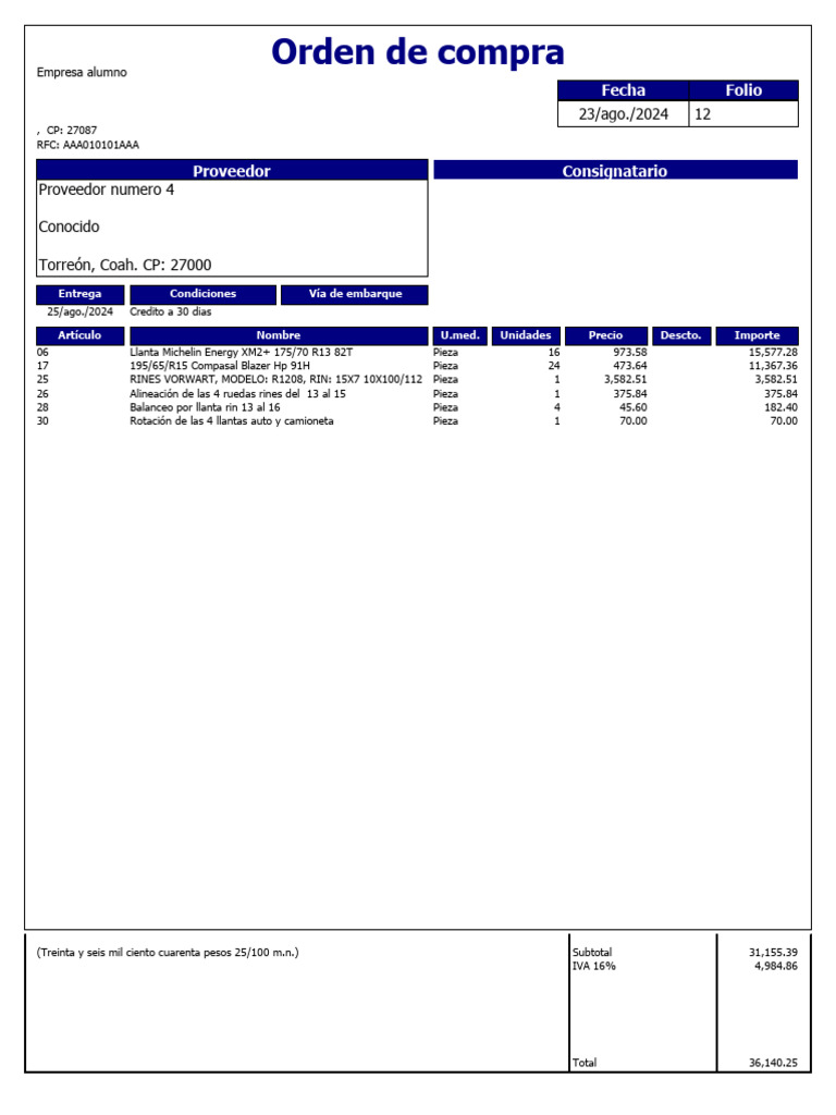Orden de Compra de Llantas y Servicios | PDF