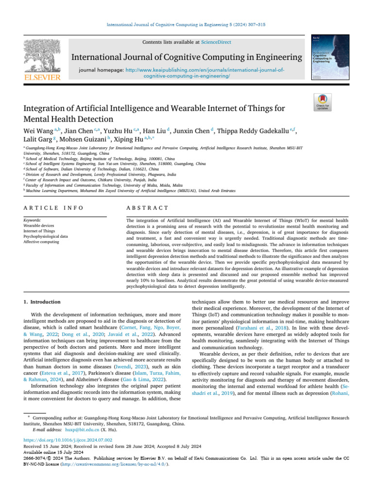 Integration of Artificial Intelligence and Wearable Internet of Things ...