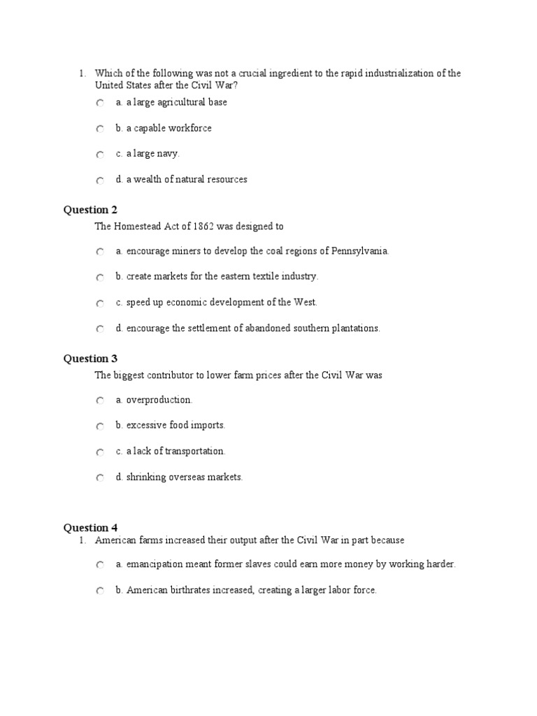 Post-Civil War Industrialization Quiz | PDF | Native Americans In The ...