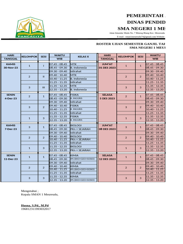 Roster Ujian Semester Ganjil SMA 1 Meureudu | PDF