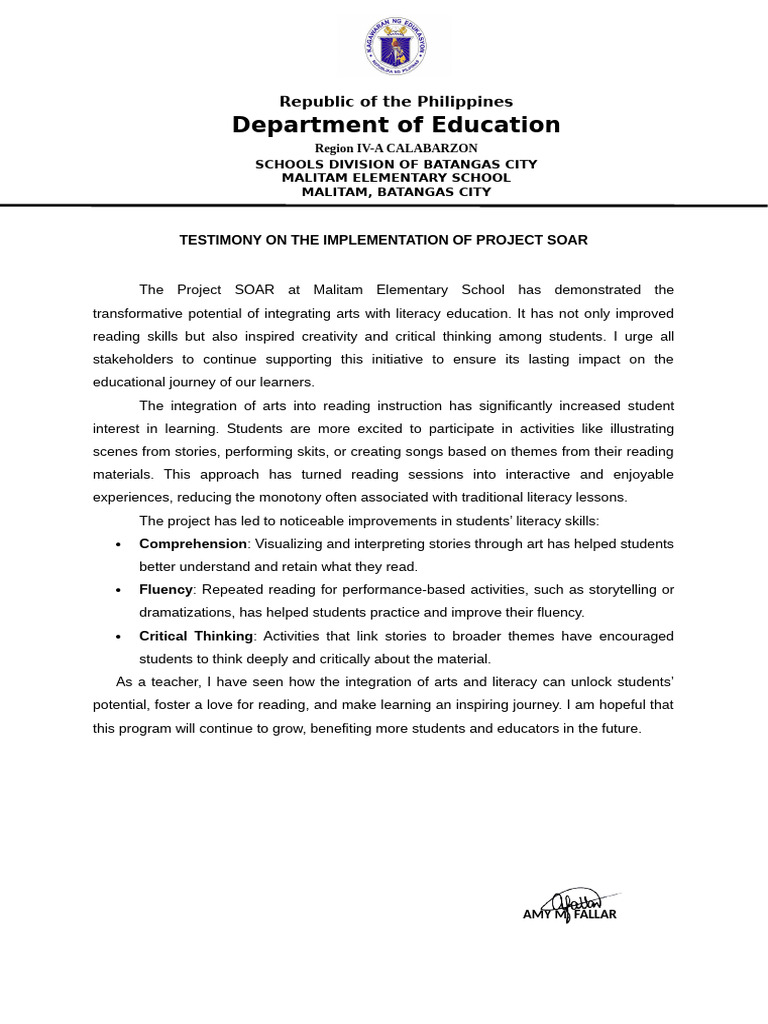 Testimony For Projects Soar | PDF