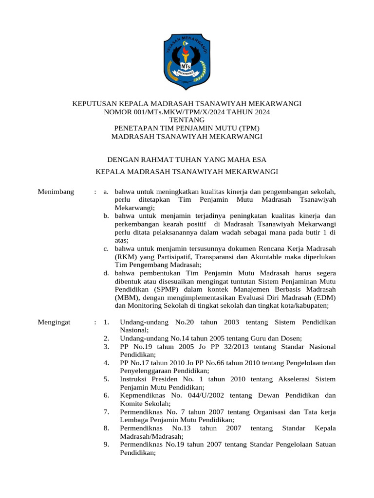 Penetapan Tim Penjamin Mutu 2024 | PDF
