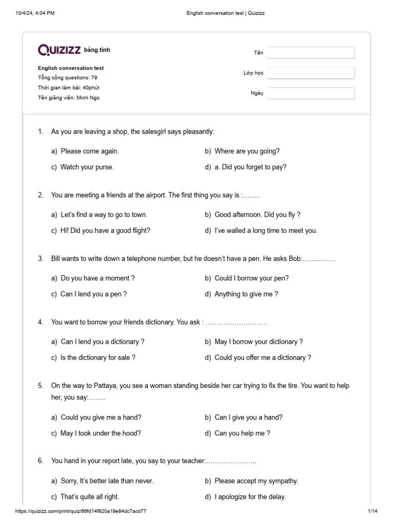 English Conversation Test Guide | PDF | Expense | Accounting
