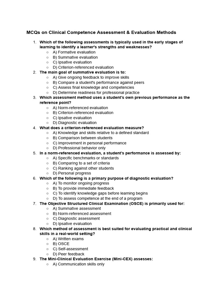 Clinical Competence Assessment MCQs | PDF | Educational Assessment ...
