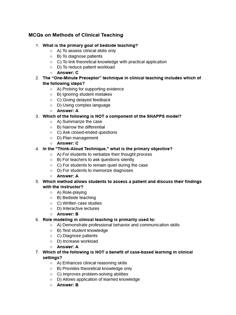 Clinical Teaching Methods MCQs | PDF | Learning | Teaching Method