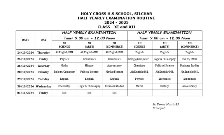 Class 11 Half Yearly Exam Schedule 2025 | PDF